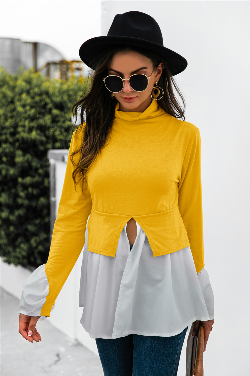 Color Block Patch Ruffle Hem Top