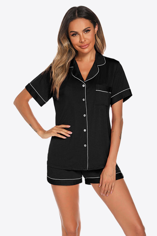 Contrast Piping Button Front Top and Shorts Lounge Set
