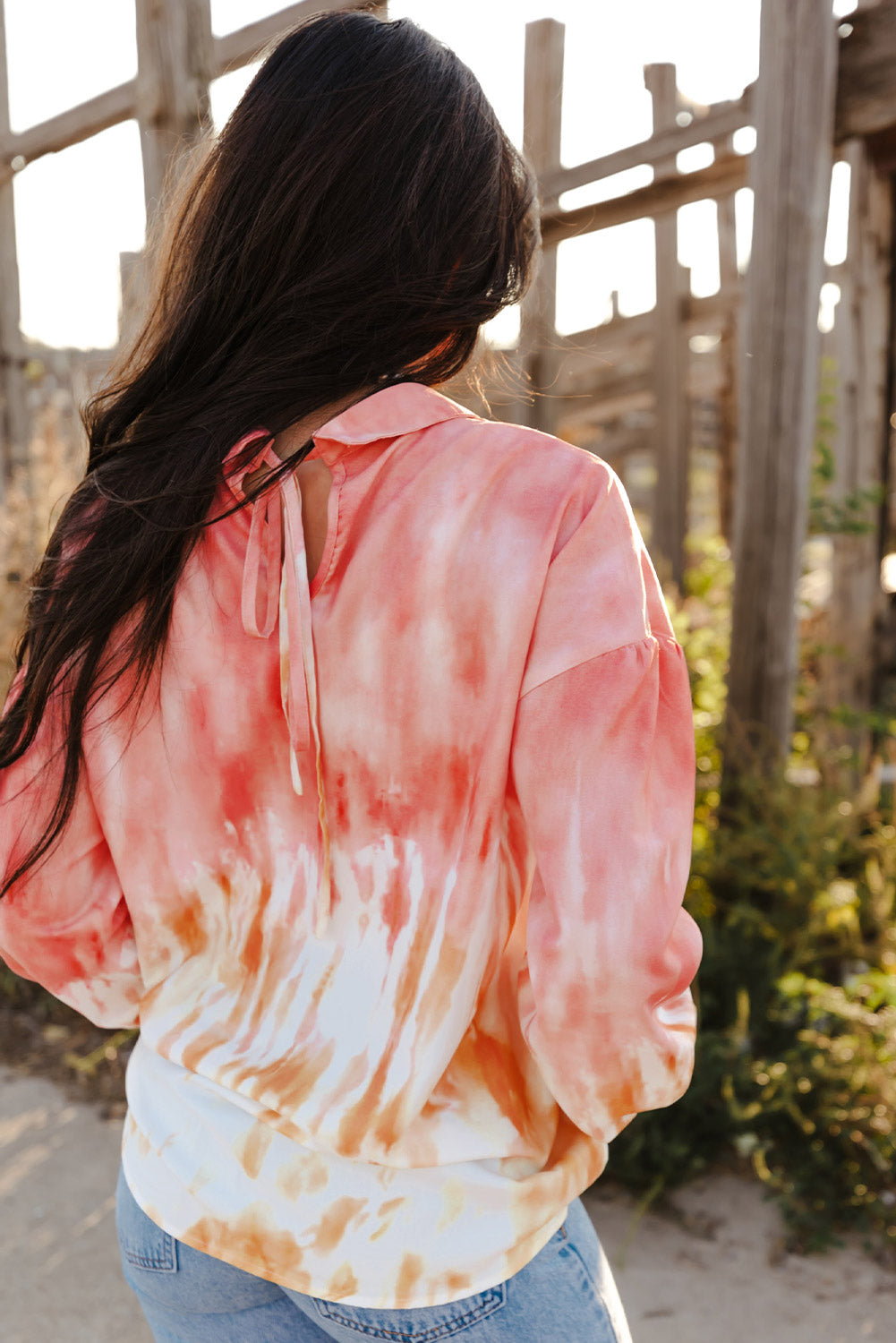 Tie-Dye Quarter-Button Tie Back Collared Top