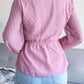 Swiss Dot Frill Trim Drawstring Waist Peplum Blouse