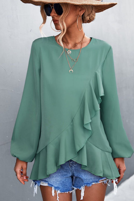 Asymmetrical Ruffle Trim Tunic Blouse