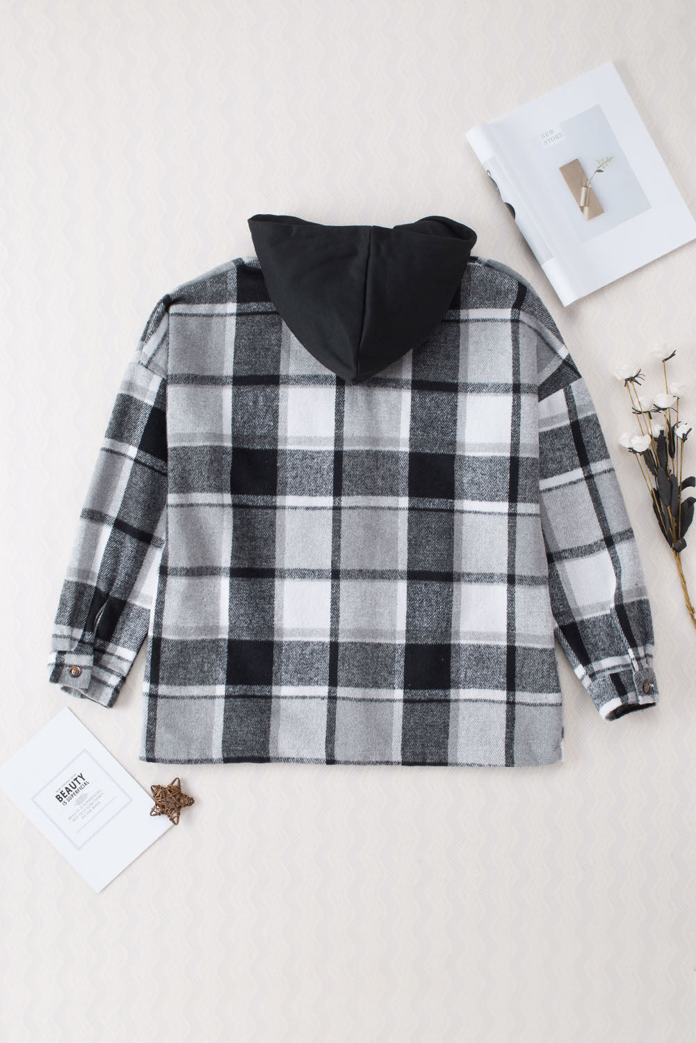 Plaid Button Front Brushed Hooded Jacket