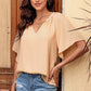 Gathered Detail Notched Neck Flutter Sleeve Top
