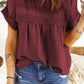 Swiss Dot Decorative Button Short Sleeve Blouse