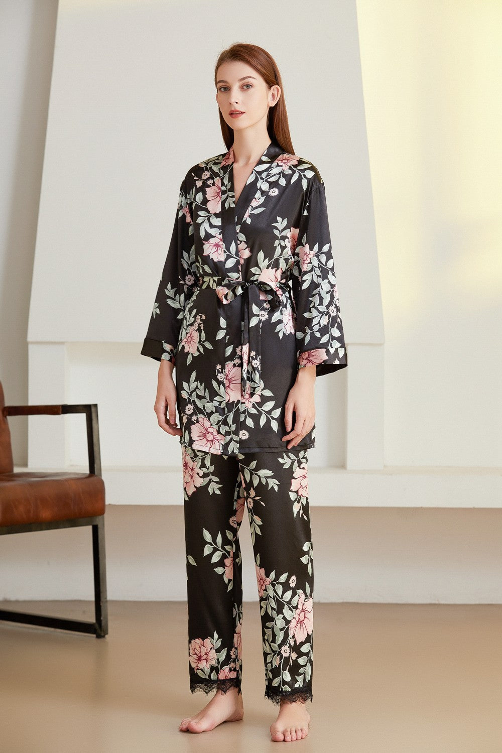 Floral Satin Tie-Waist Robe