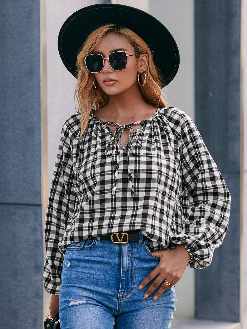 Plaid Tie Neck Long Sleeve Blouse