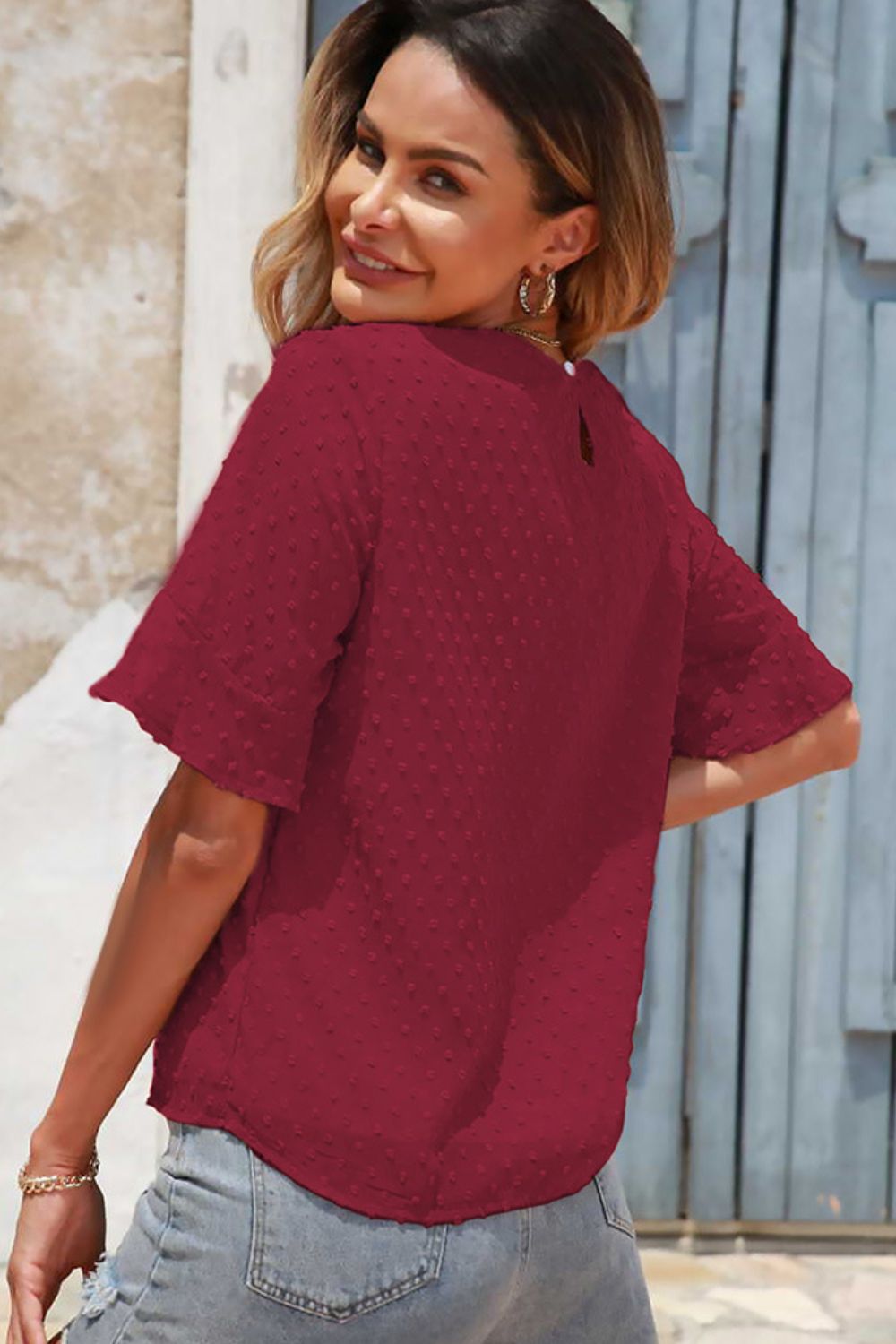 Swiss Dot Flounce Sleeve Round Neck Blouse