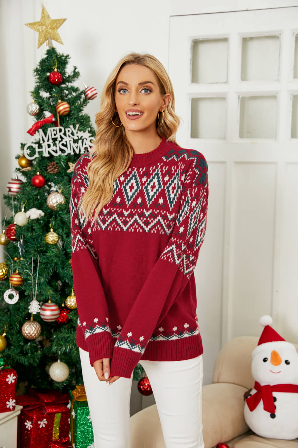 Geometric Crewneck Dropped Shoulder Sweater