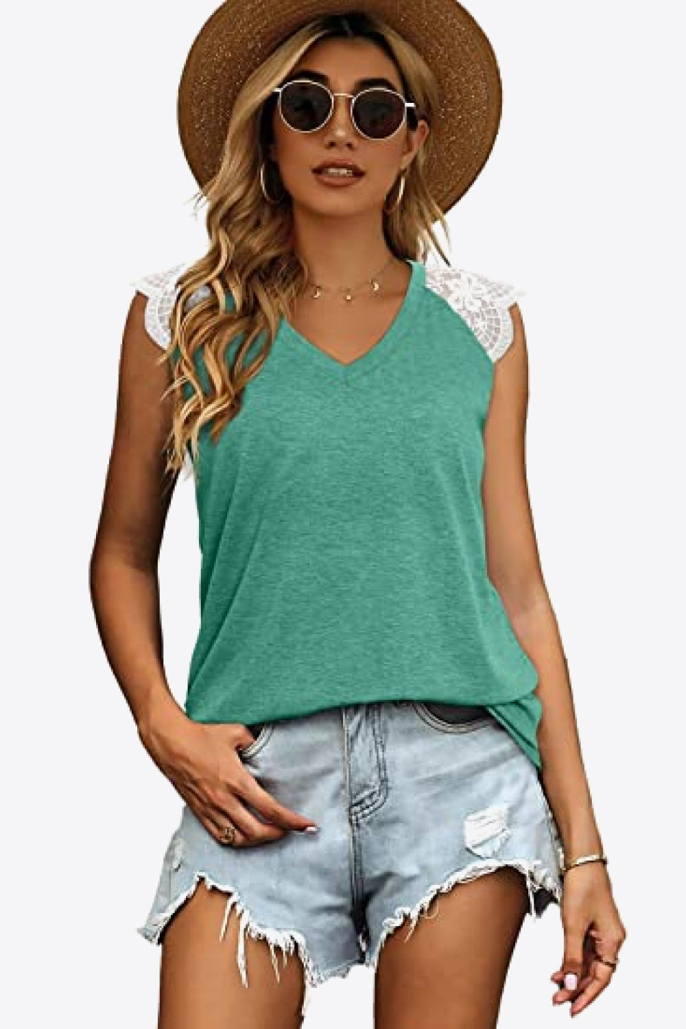 Spliced Lace Curved Hem Blouse