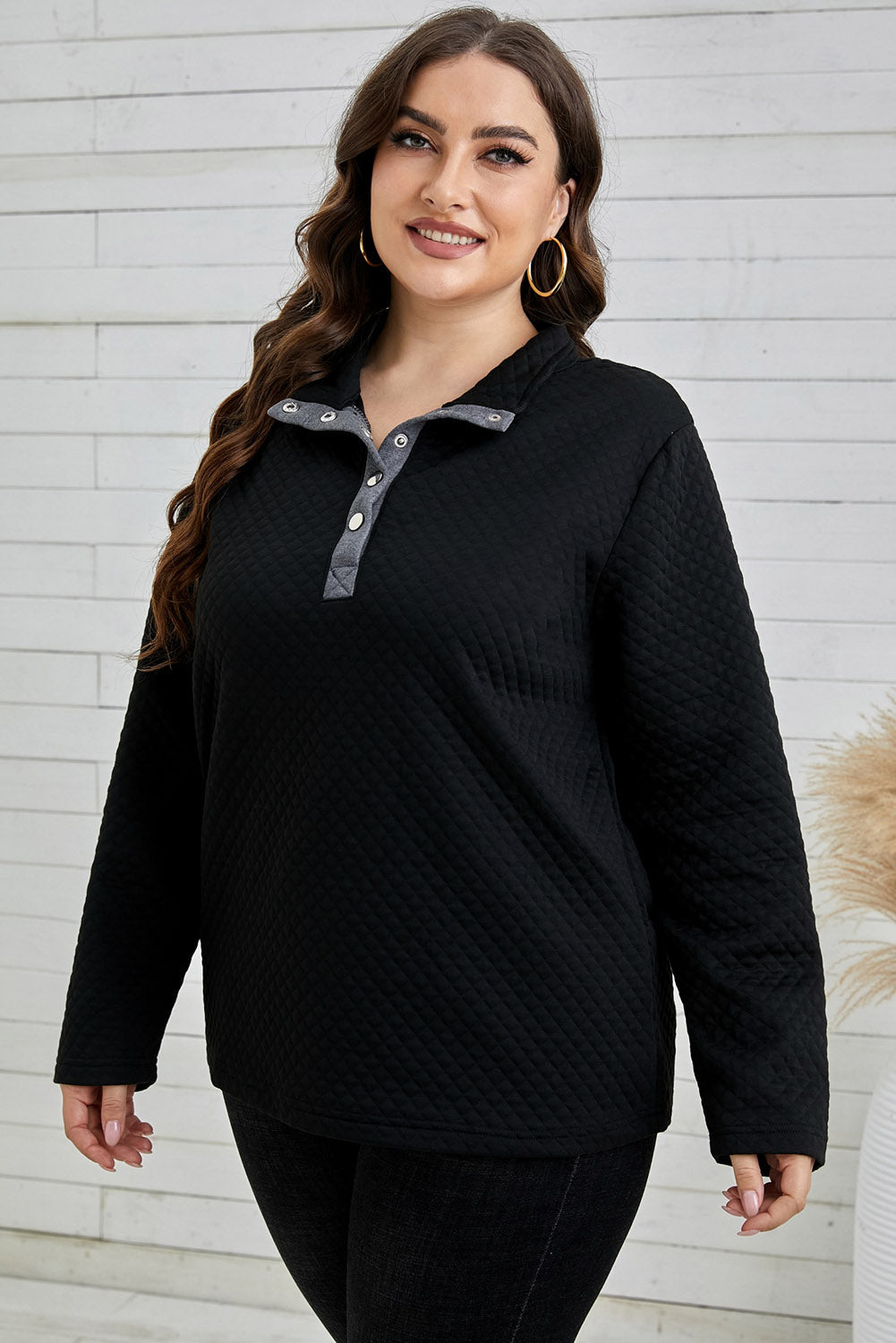 Plus Size Quilted Quarter-Snap Sweatshirt