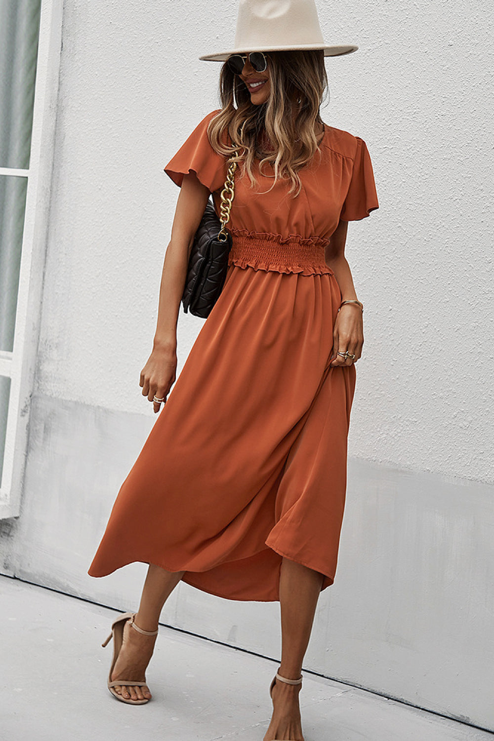Smocked Waist Surplice Midi Dress