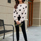 Heart Pattern Lantern Sleeve Round Neck Tunic Sweater