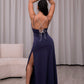 Rhinestone Chain Detail Lace-Up Ruched Split Maxi Dress