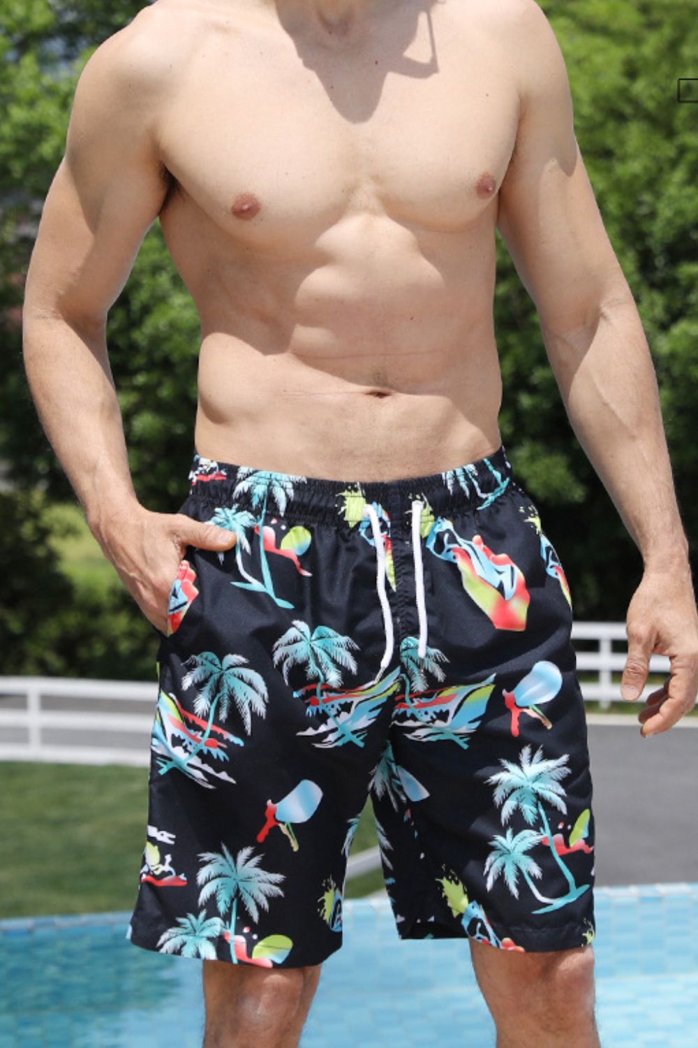 Full Size Printed Drawstring Waist Swim Trunks