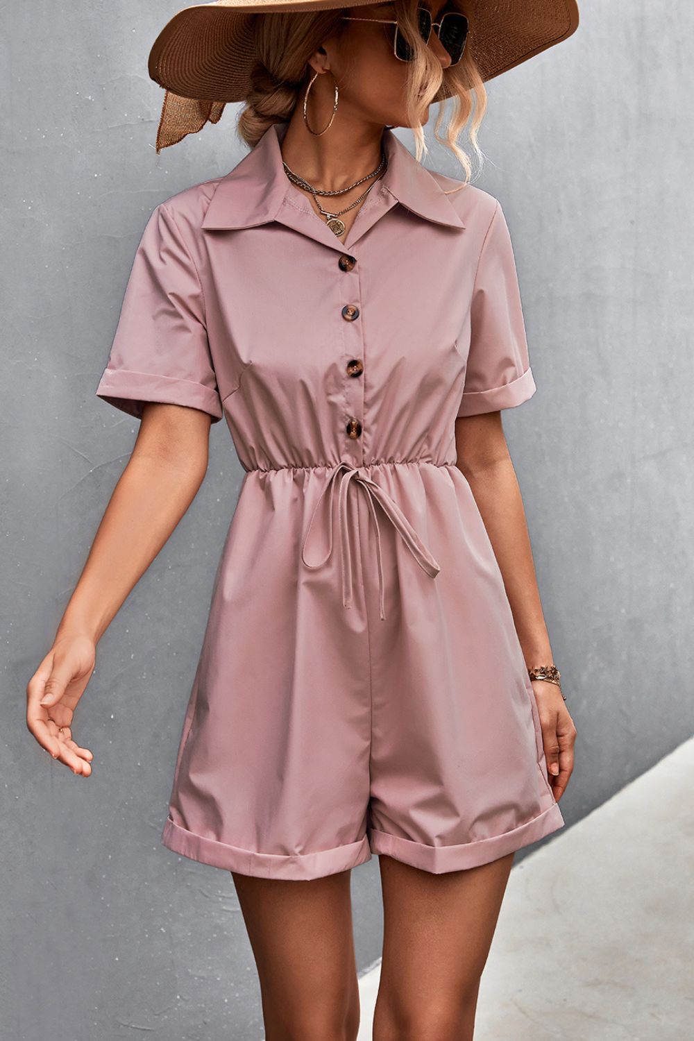 Button Down Collared Neck Romper