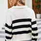 Striped Johnny Collar Dropped Shoulder Sweater