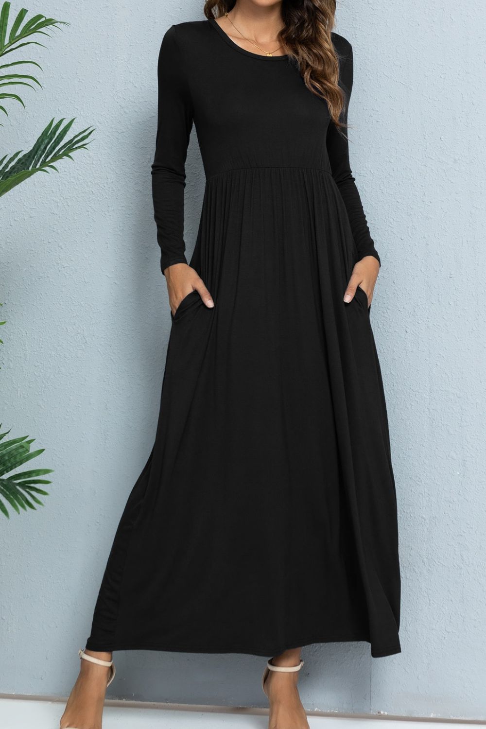 Long Sleeve Round Neck Maxi Dress with Pockets