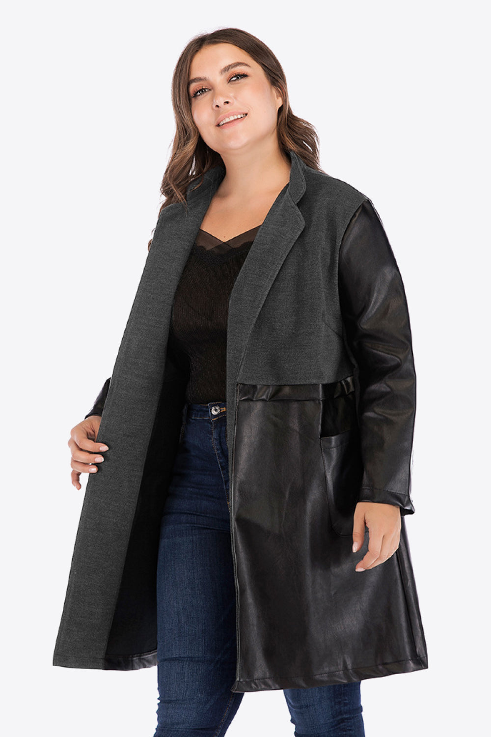 Plus Size Spliced PU Leather Longline Blazer