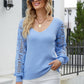Lace Sleeve Ribbed Trim V-Neck Sweater