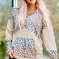 Leopard Color Block Buttoned Drawstring Detail Hoodie