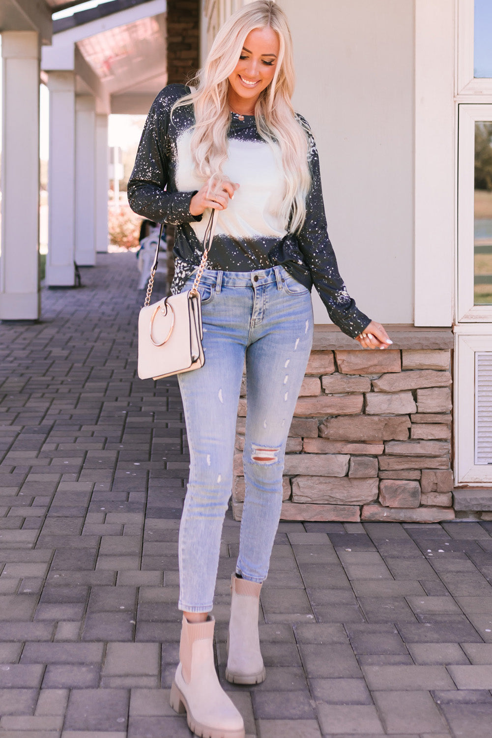 Mixed Print Round Neck Long Sleeve Top