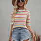 Striped Openwork Half Sleeve Knit Top