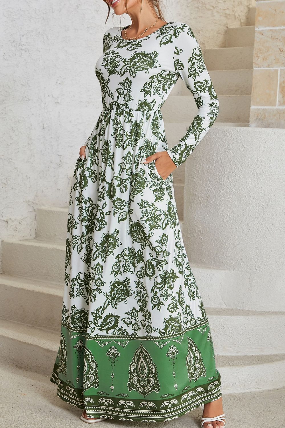 Bohemian Long Sleeve Maxi Dress with Pockets