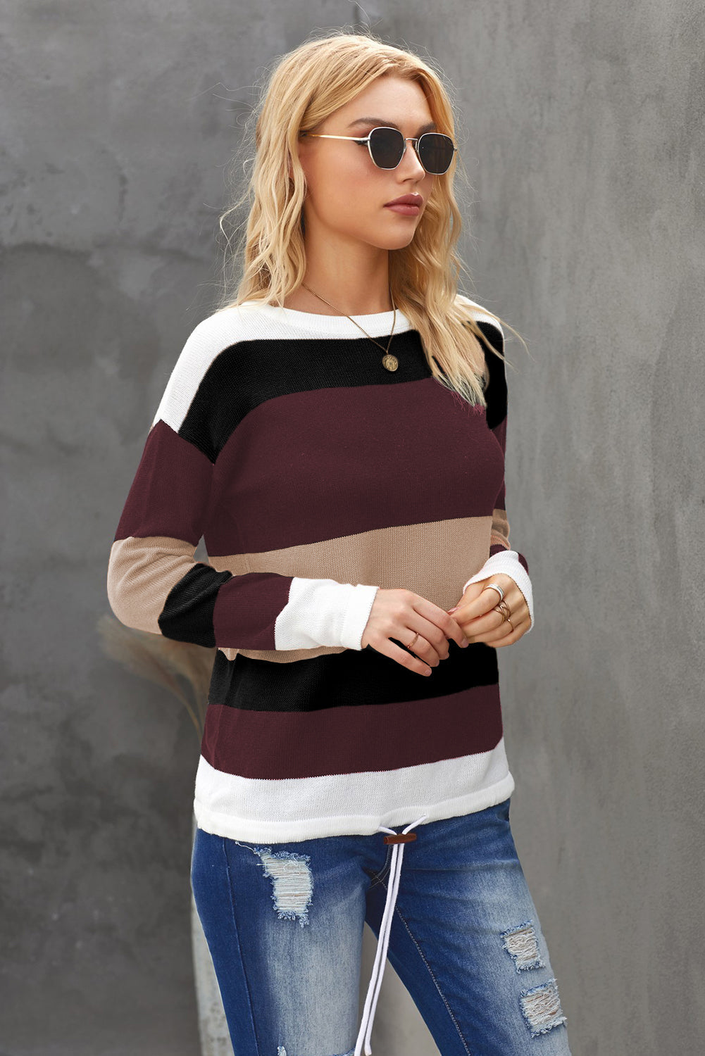 Color Block Drawstring Knit Top