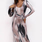 Printed Tie-Waist Long-Sleeve Midi Bodycon Dress