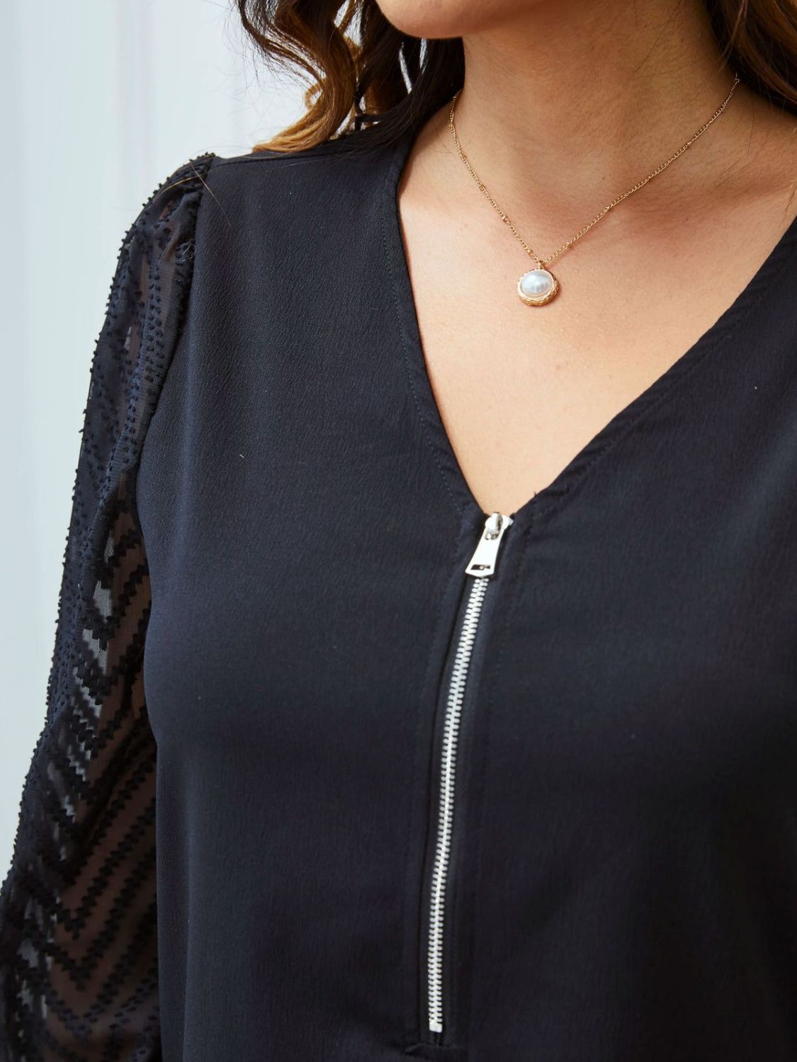 Half-Zip Smocked Balloon Sleeve Blouse