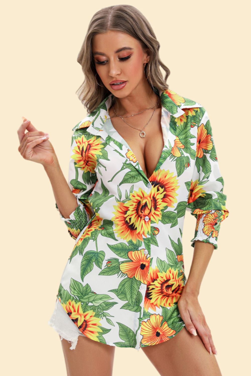 Floral Curved Hem Smocked-Cuff Shirt