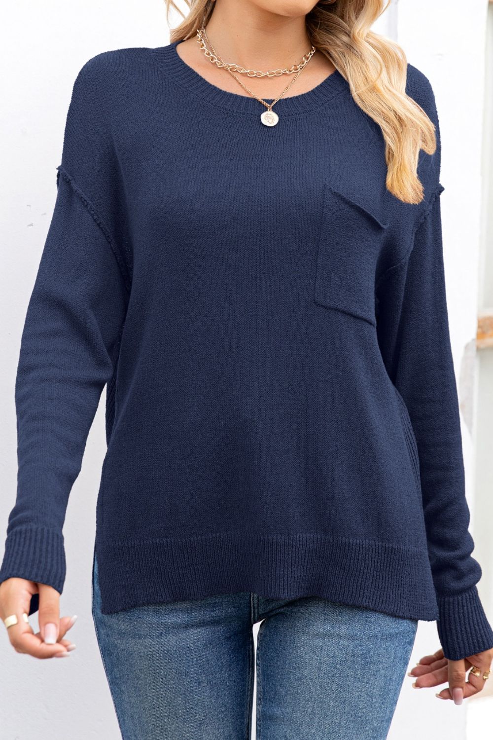 Exposed Seam Knit Top with Breast Pocket