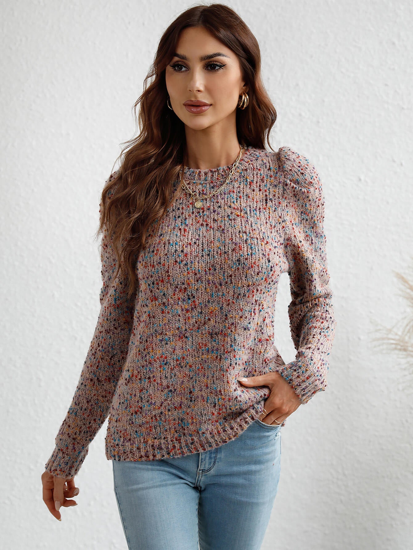Multicolored Puff Sleeve Ribbed Trim Sweater
