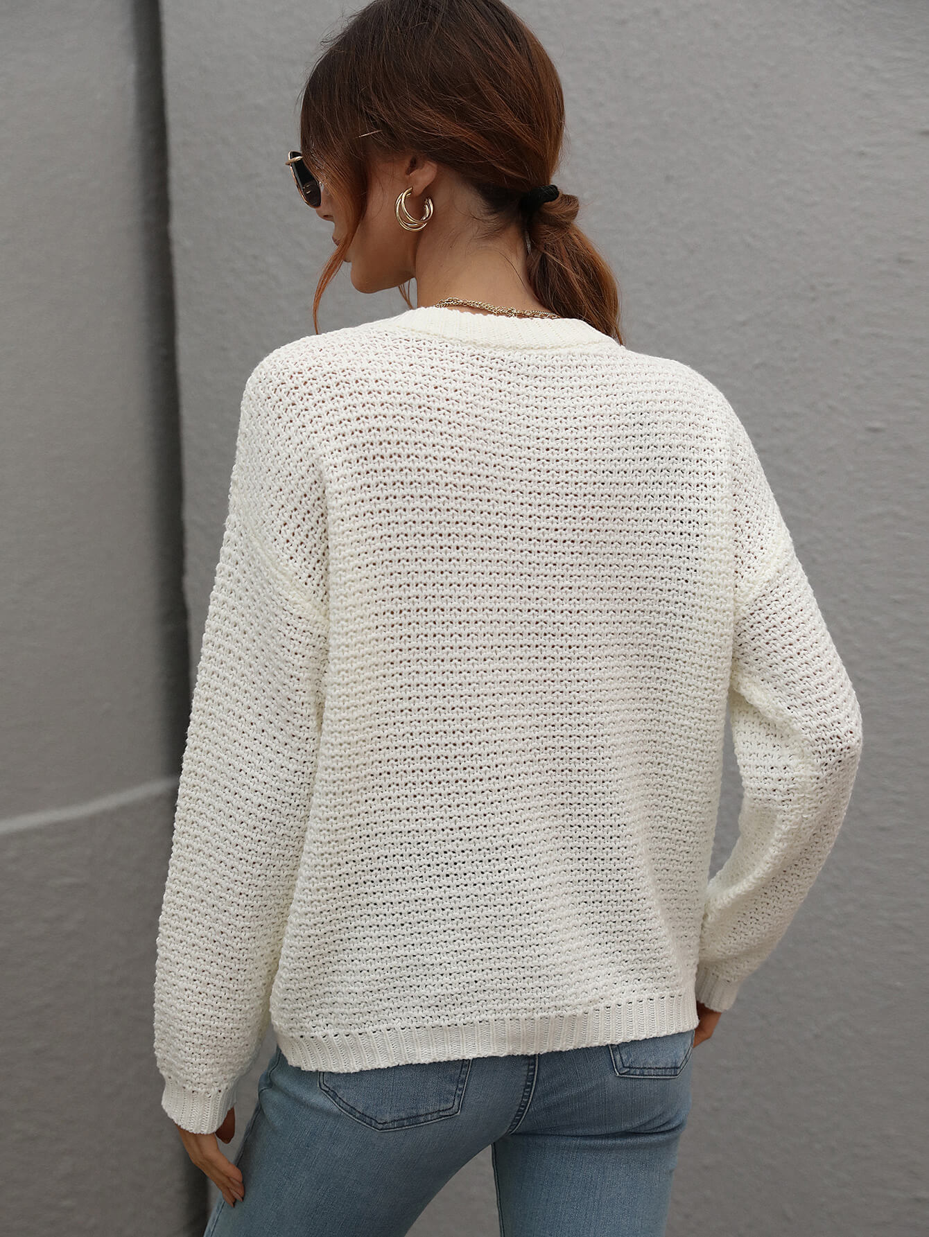 Drop Shoulder Round Neck Ribbed Cuff Sweater