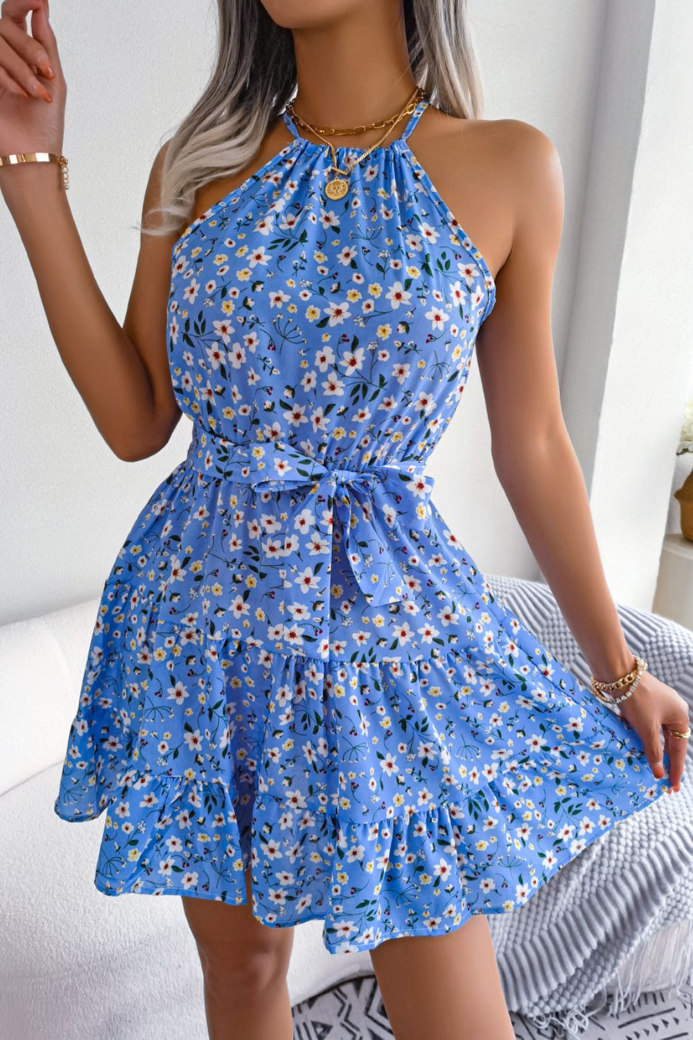 Floral Tie Waist Ruffle Hem Sleeveless Dress