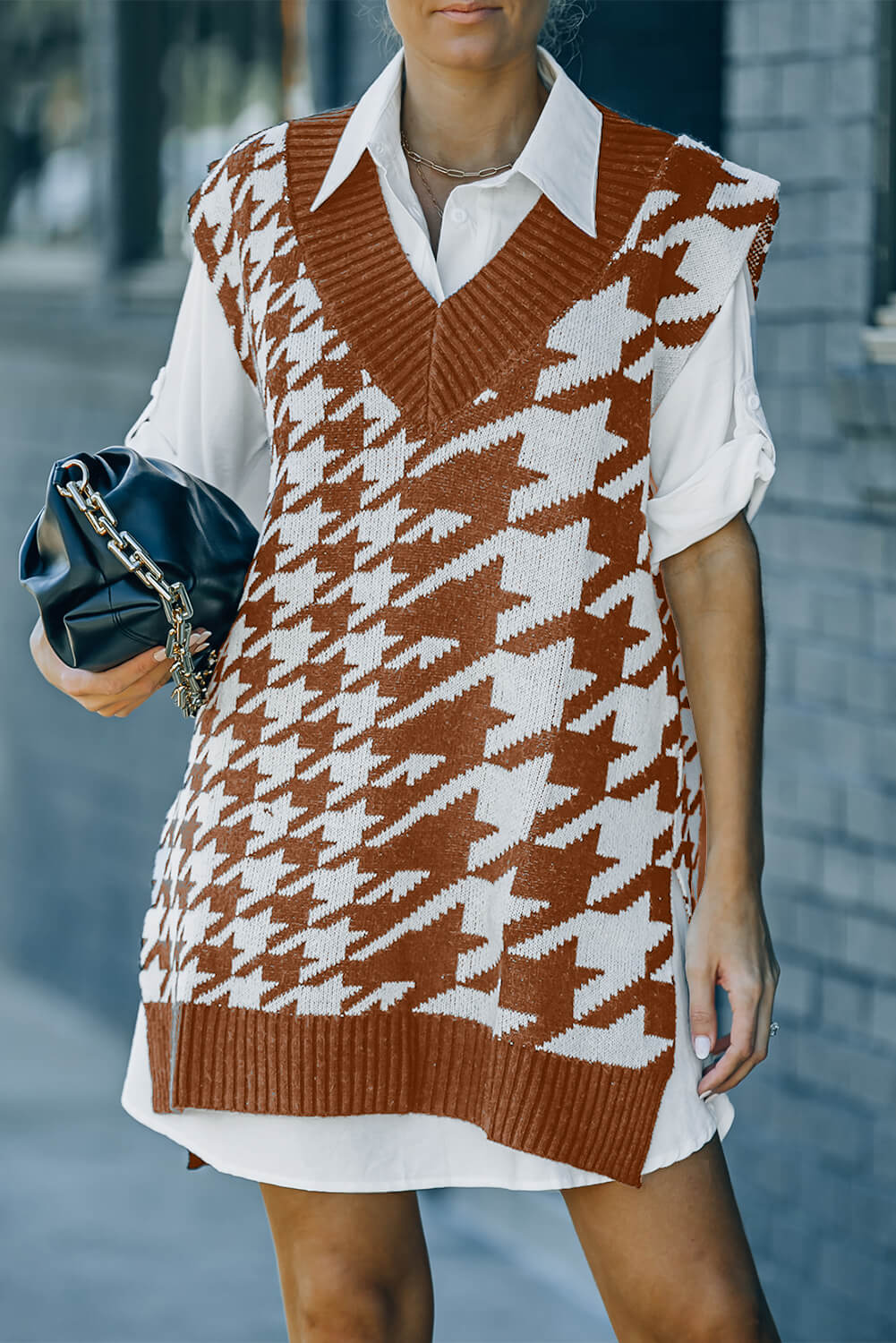 Houndstooth Side Slit Ribbed Sweater Vest Dress