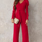 Belted Long Puff Sleeve V-Neck Jumpsuit