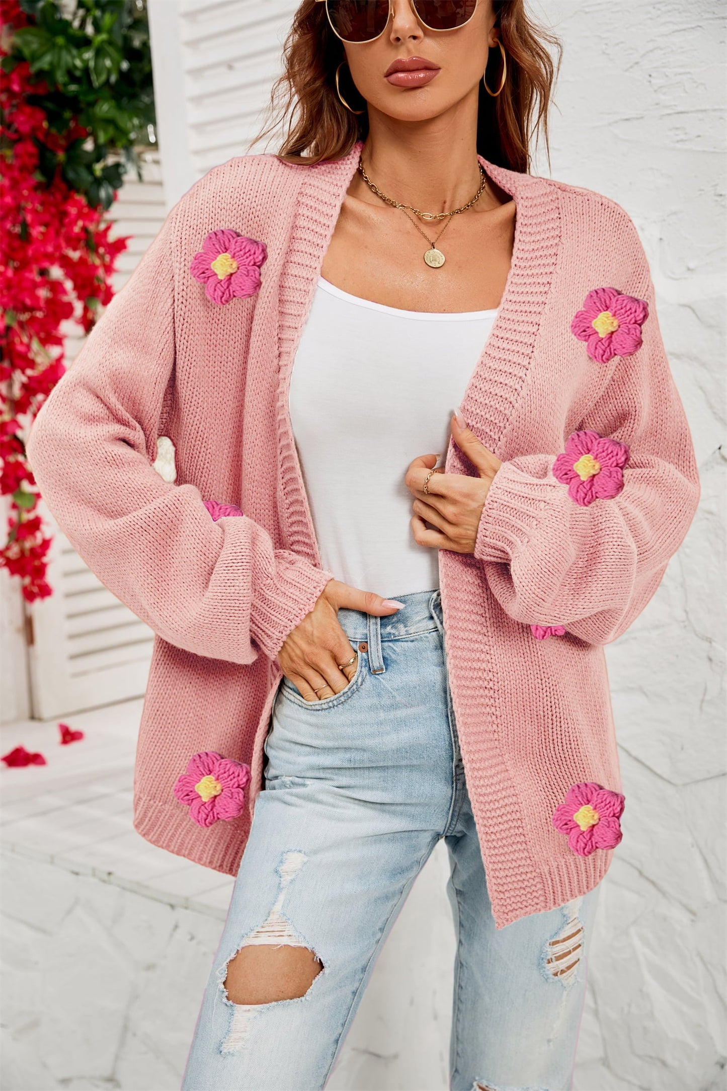 Flower Detail Open Front Cardigan