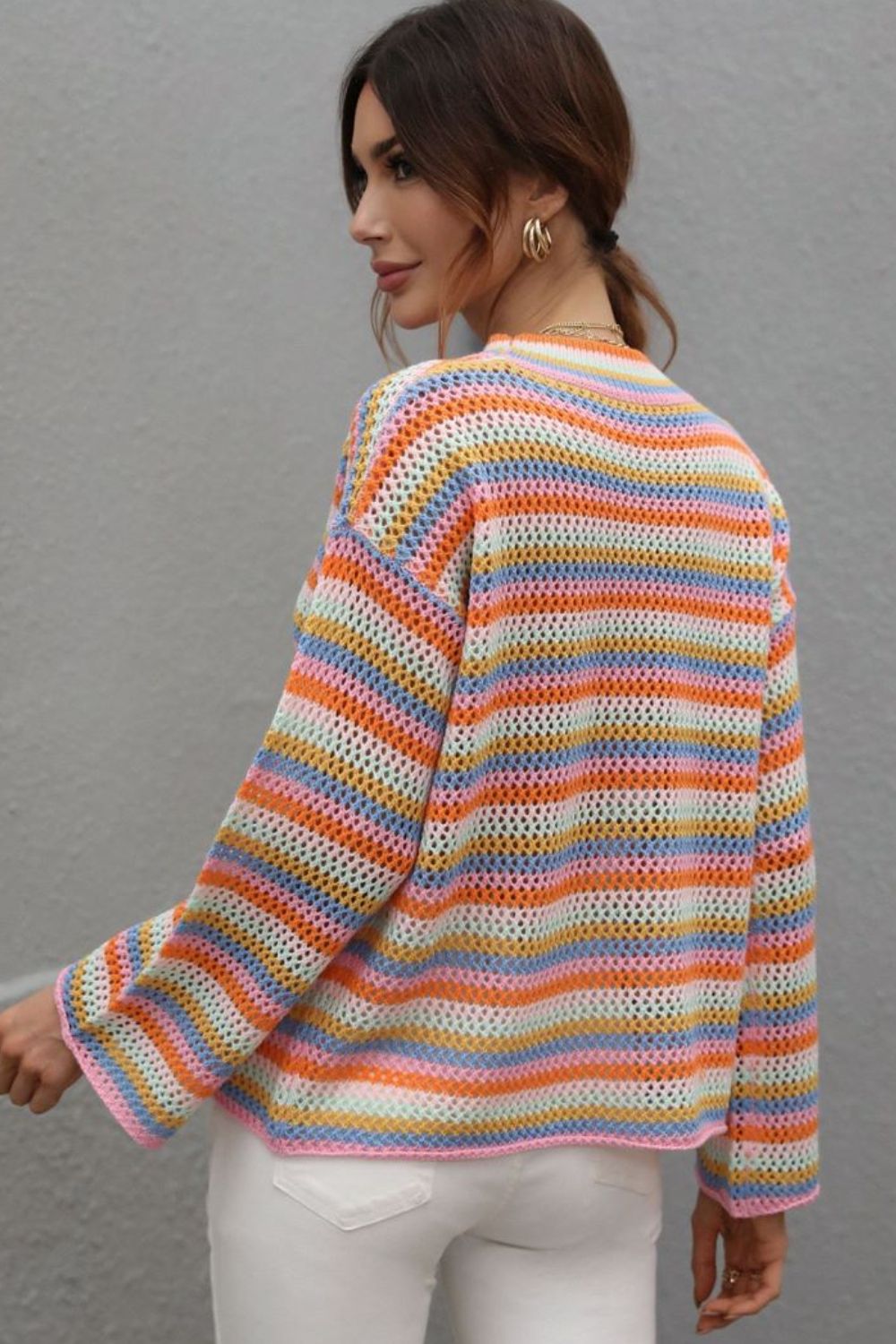 Multicolored Stripe Drop Shoulder Round Neck Sweater