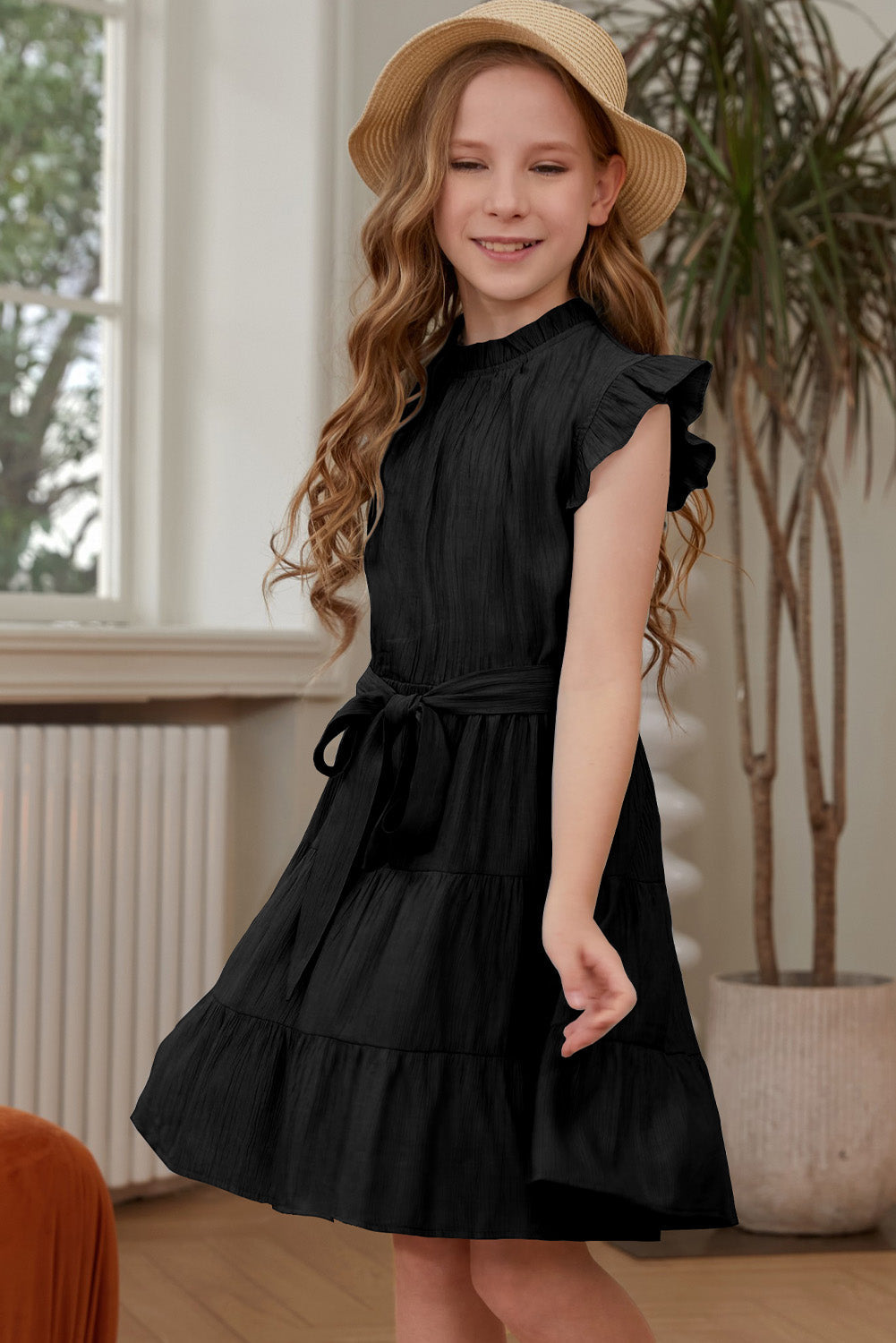 Girls Tie-Waist Frill Neck Flutter Sleeve Tiered Dress