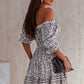 Printed Off-Shoulder Pleated Dress