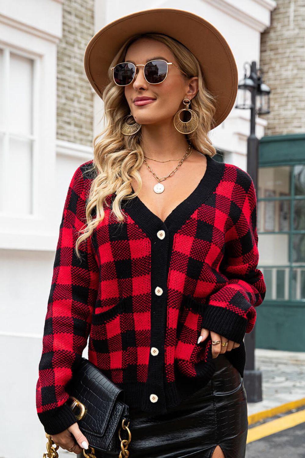 Plaid V-Neck Dropped Shoulder Cardigan
