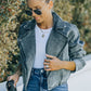 Acid Wash Lapel Collar Cropped Denim Jacket