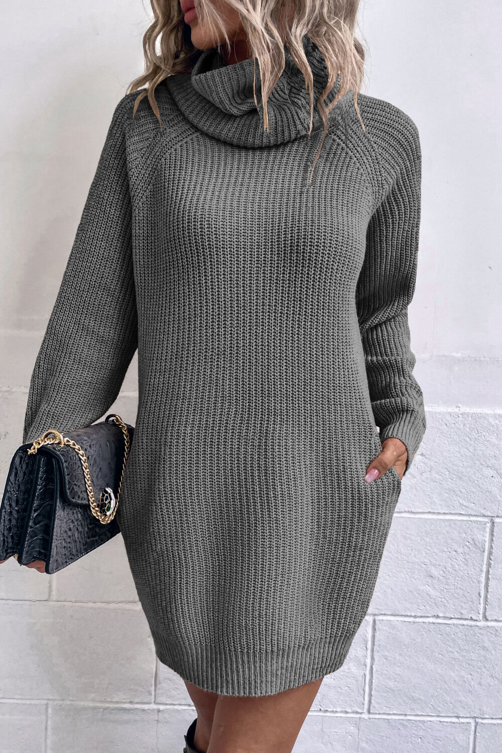 Turtleneck Raglan Sleeve Rib-Knit Dress with Pockets