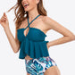 Botanical Print Ruffled Halter Neck Two-Piece Swimsuit