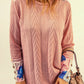 Floral Button Detail Lace Trim Spliced Knit Top