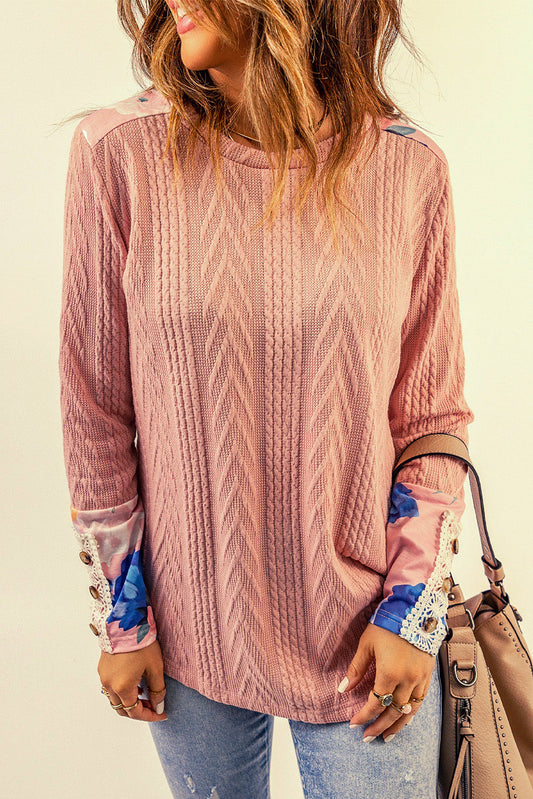 Floral Button Detail Lace Trim Spliced Knit Top