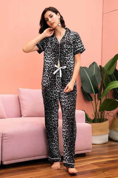 Leopard Lapel Collar Shirt and Pants Lounge Set