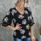 Botanical Print V-Neck Puff Sleeve Blouse