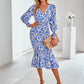 Floral Surplice Lantern Sleeve Fishtail Dress